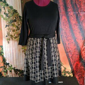 NWOT: Eliza J Sz XL Black & Tan Geometric Print Fit & Flare Belted Dress